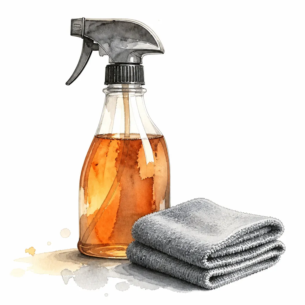 Watercolour close-up of a tar remover spray bottle beside a folded microfibre cloth.