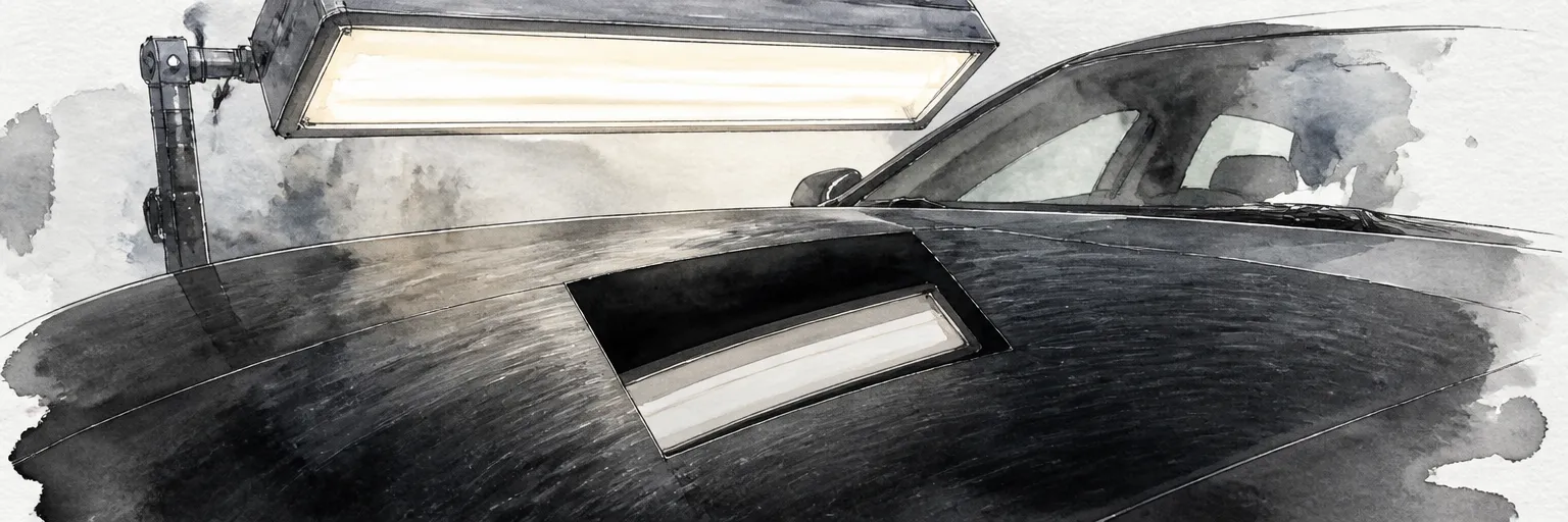 Watercolour close-up of a corrected glossy patch shining amid hazy paint on a dark bonnet.