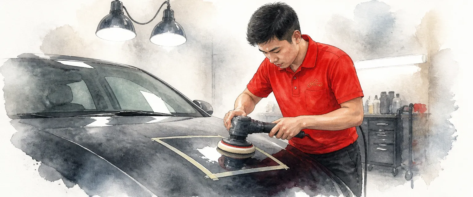 Watercolour illustration of a technician polishing a small test section on a car bonnet under focused workshop lamps.