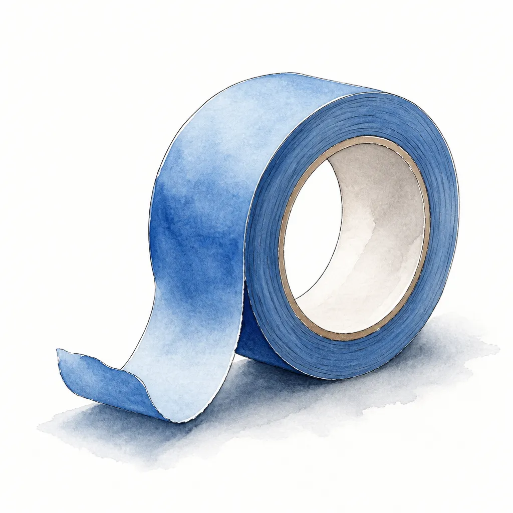 Watercolour close-up of a roll of blue masking tape with a curling edge.