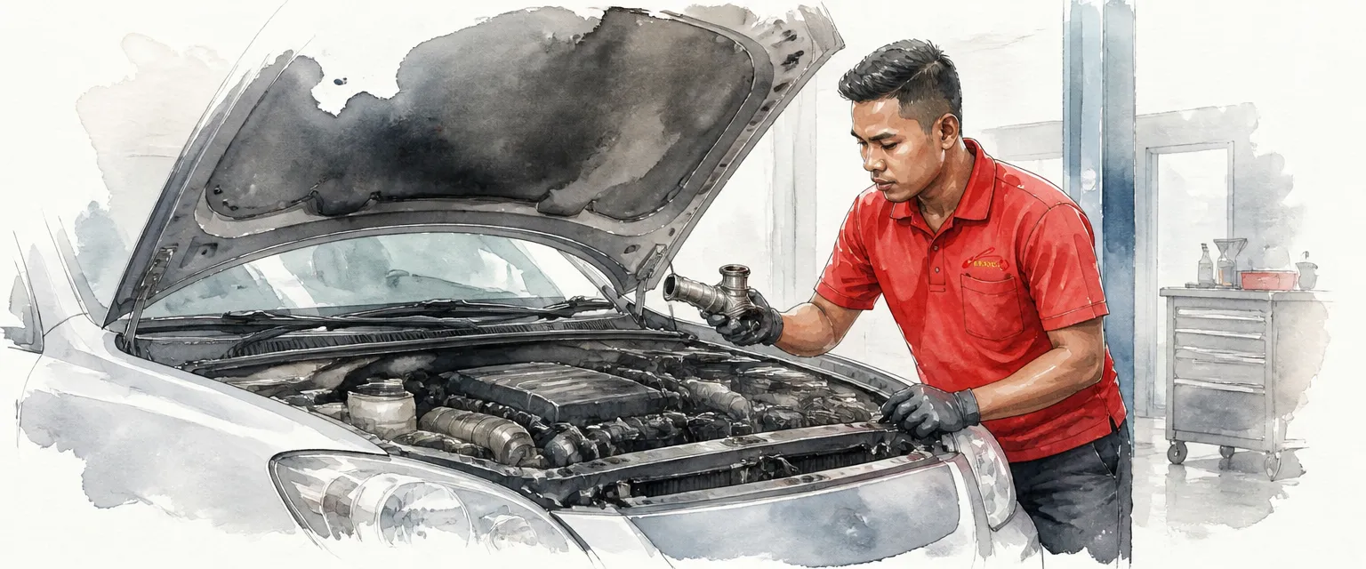Watercolour illustration of a technician lifting a thermostat housing from a car engine in a workshop bay.