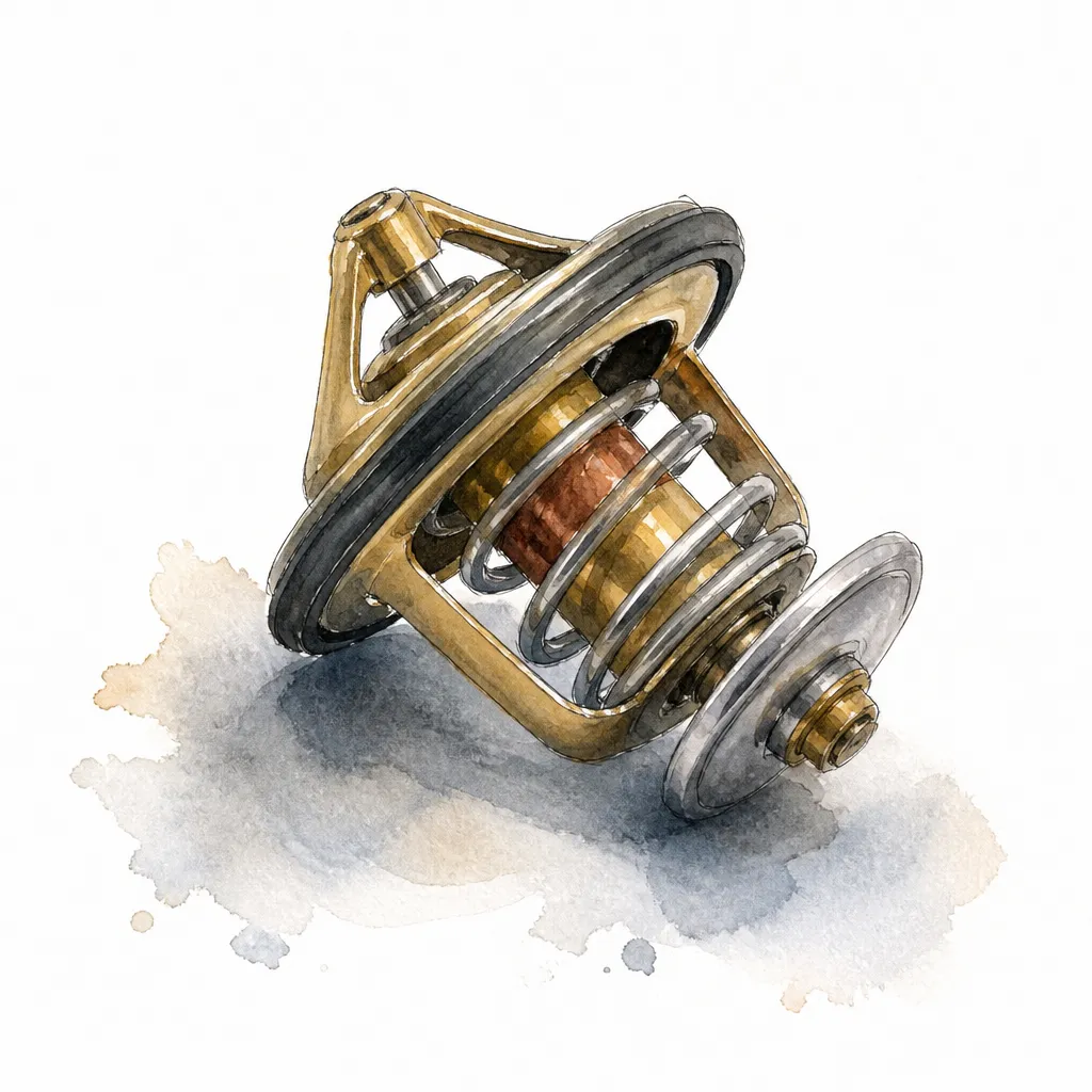 Watercolour close-up of a brass and steel car thermostat showing its spring and wax valve.