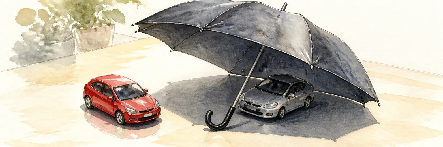 Watercolour illustration of an umbrella sheltering one of two toy cars on a desk, a symbol of third party cover.