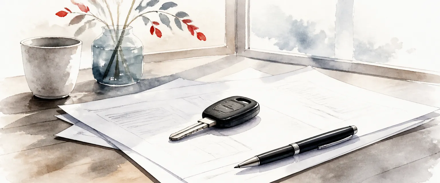 Watercolour illustration of a car key resting on abstract paperwork in soft window light.