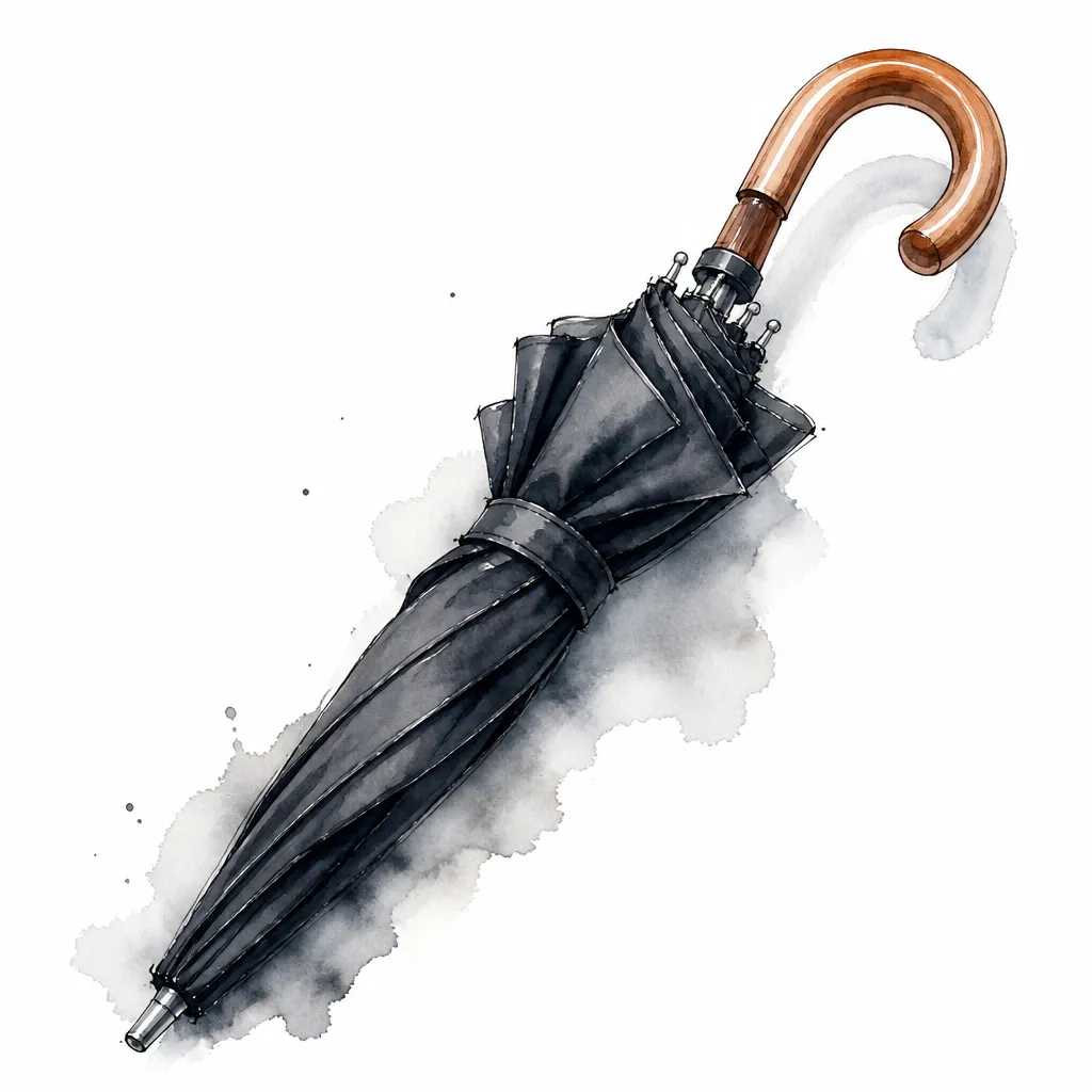 Watercolour close-up of a folded black umbrella with a wooden handle.