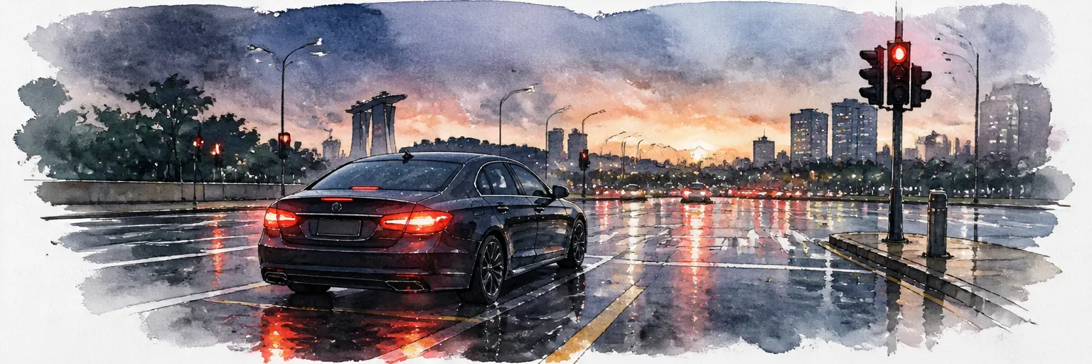 Watercolour illustration of a dark car waiting at a wet Singapore junction at dusk with brake lights glowing.