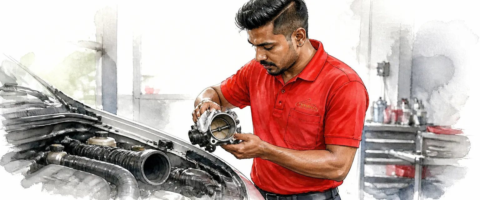 Watercolour illustration of a technician cleaning carbon from a throttle body in a bright workshop.