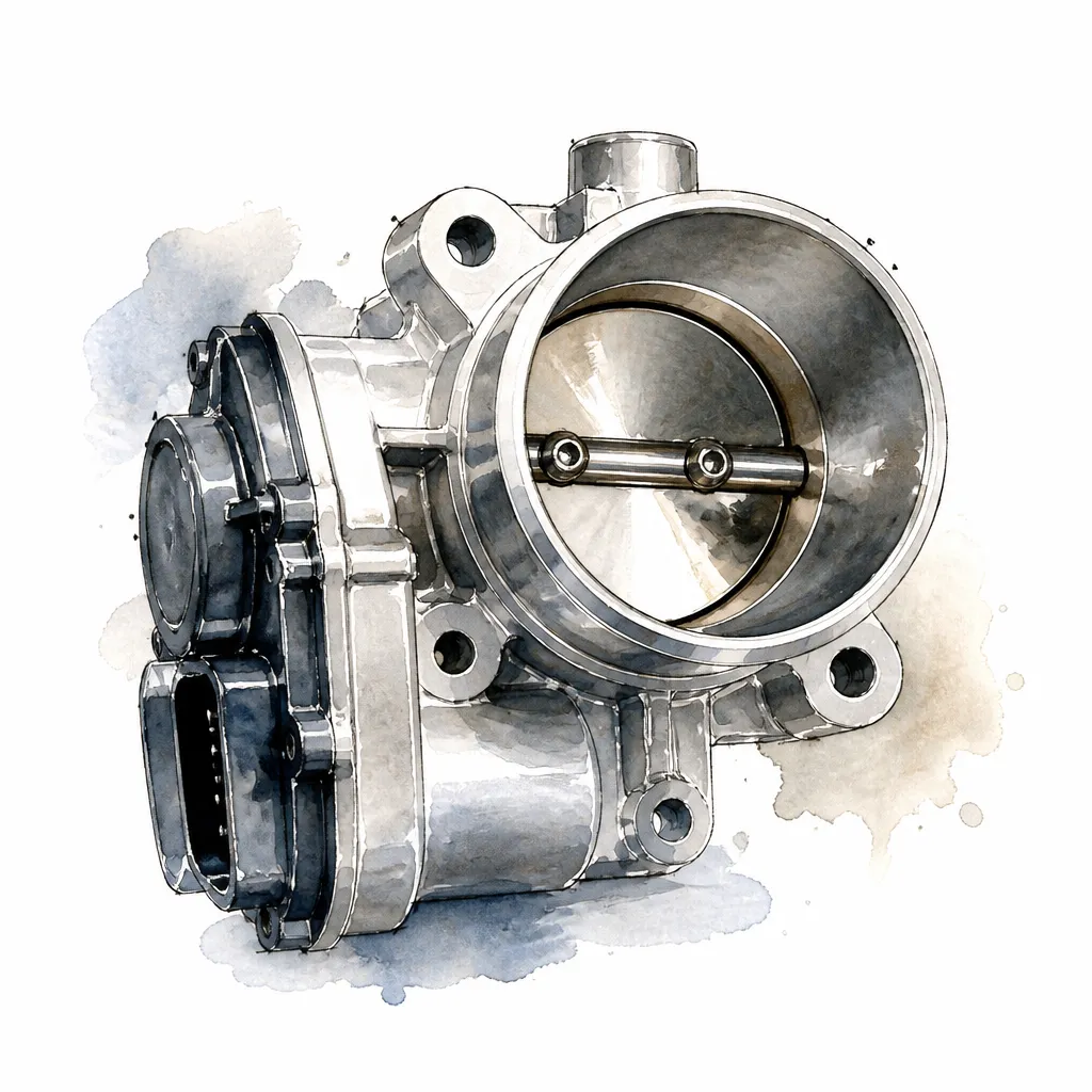 Watercolour close-up of a polished throttle body showing the throttle plate inside its bore.