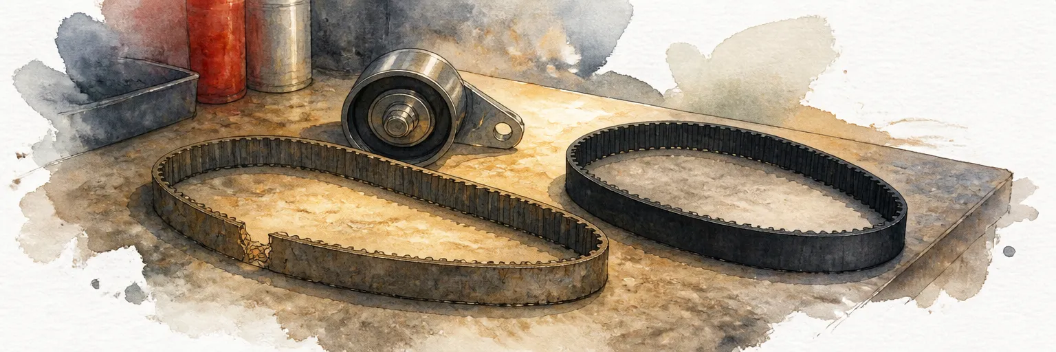 Watercolour illustration of a cracked old timing belt beside a fresh replacement on a workbench.