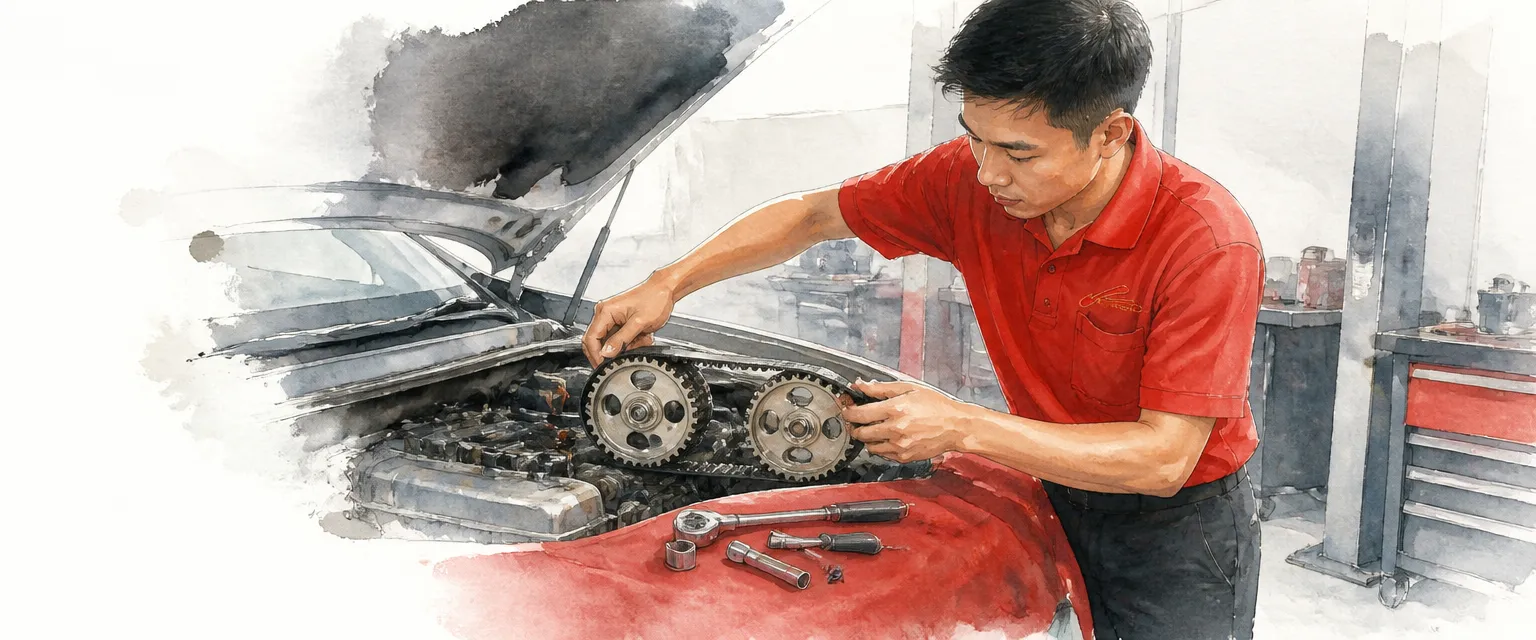Watercolour illustration of a technician fitting a new timing belt over camshaft sprockets in an open engine.