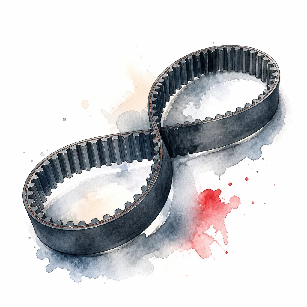 Watercolour close-up of a looped toothed timing belt.
