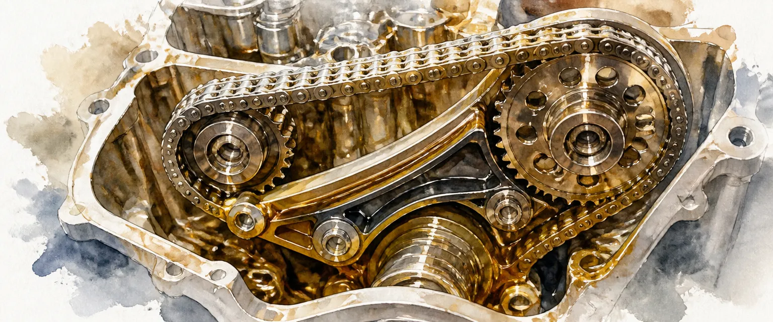 Watercolour illustration of a timing chain wrapped over sprockets inside an engine, glistening with oil.