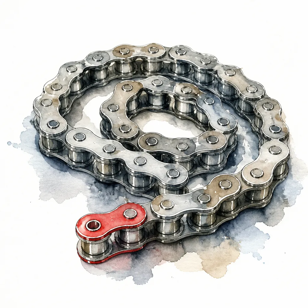 Watercolour close-up of a coiled steel timing chain.
