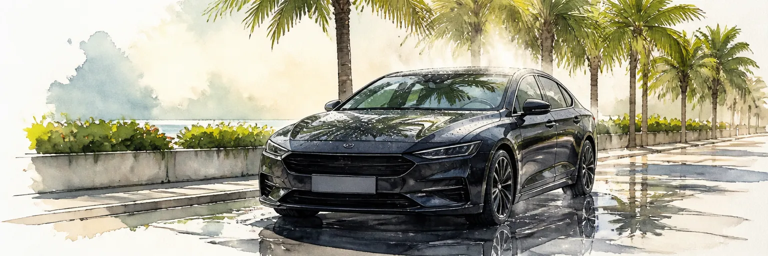 Watercolour illustration of a glossy black car in tropical sun with rain beads steaming off the paint.