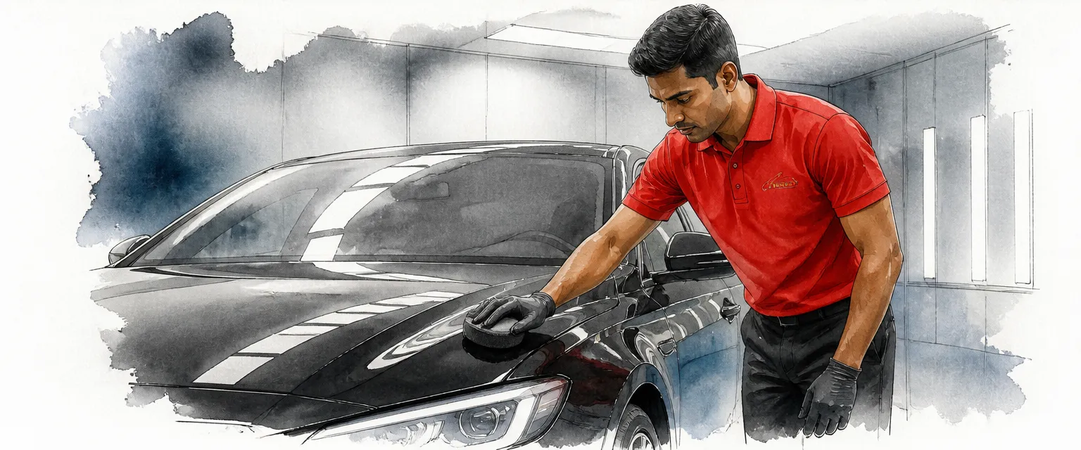 Watercolour illustration of a technician applying premium ceramic coating to a gleaming black bonnet in a coating bay.