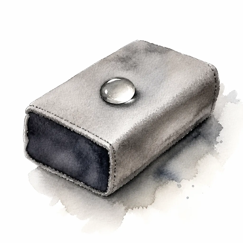 Watercolour close-up of a suede applicator block with a drop of clear coating resin.