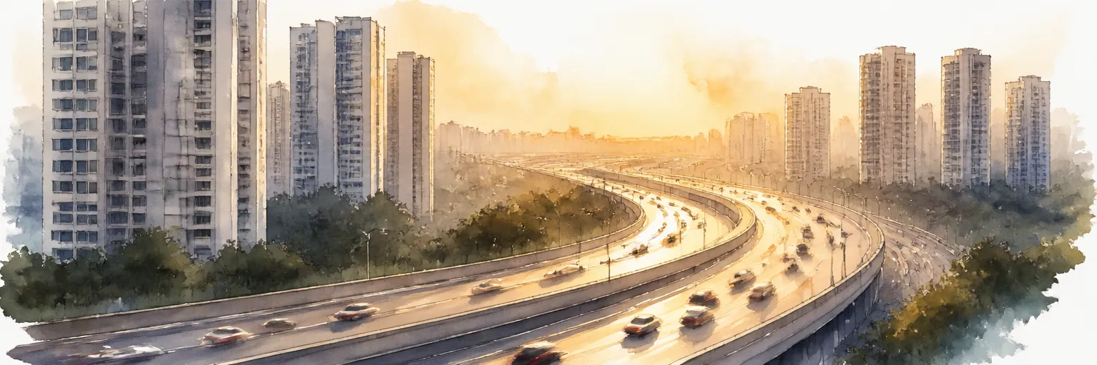 Watercolour illustration of slow expressway traffic curving between Singapore high-rise blocks in heat haze.