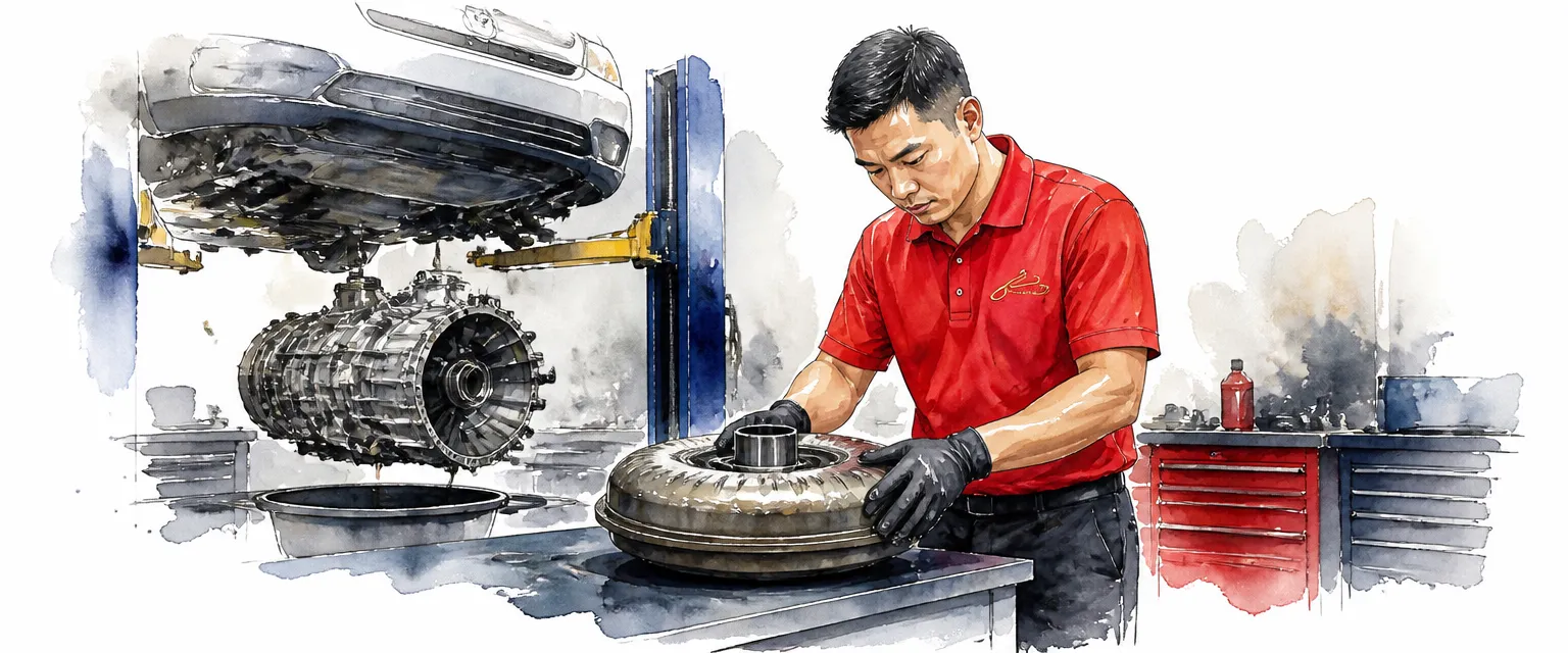 Watercolour illustration of a technician holding a torque converter on a workshop bench beside a lowered gearbox.