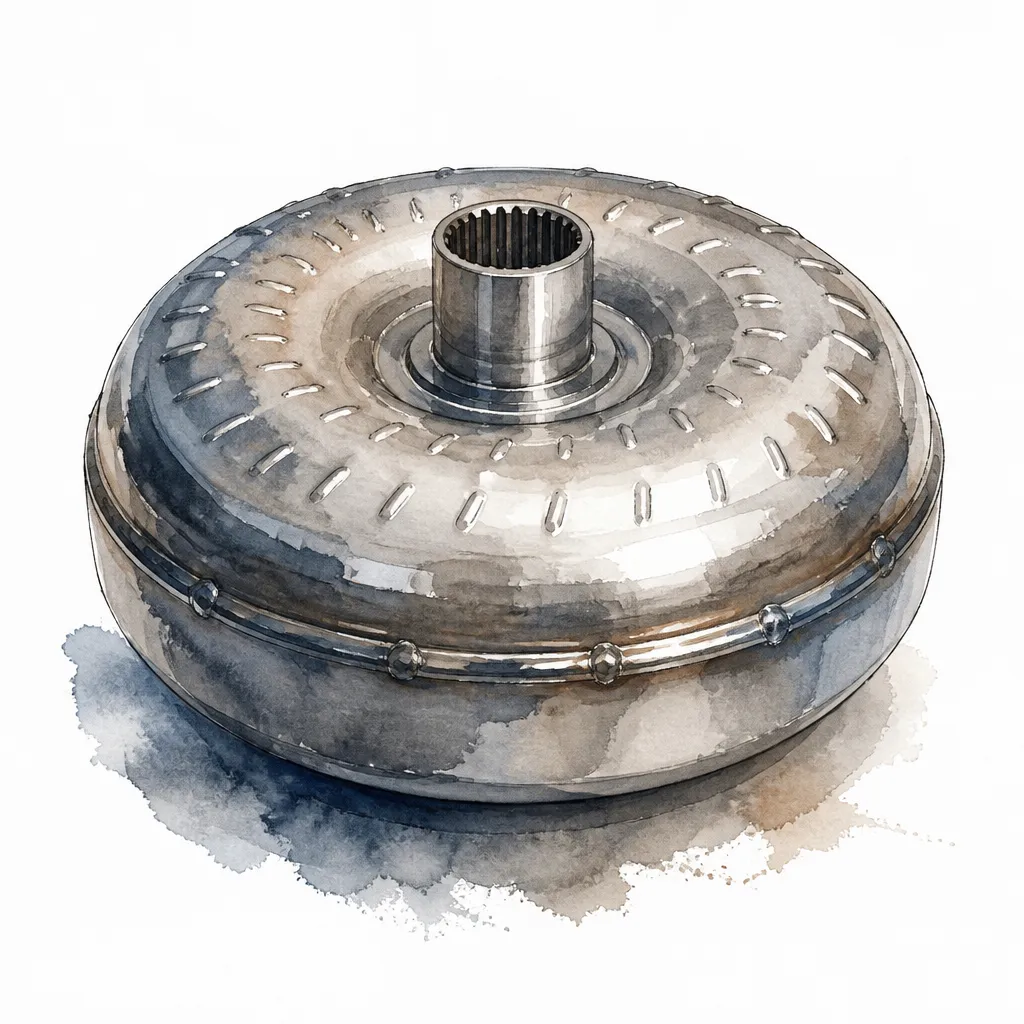 Watercolour close-up of a doughnut-shaped torque converter.