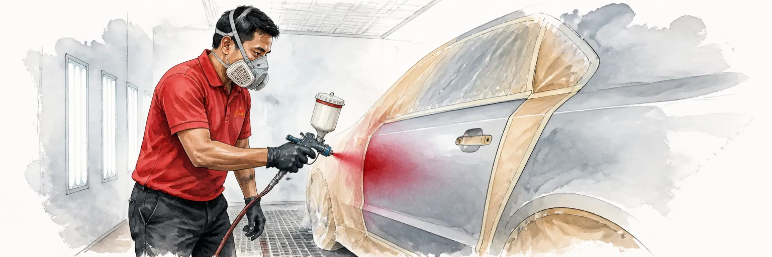 Watercolour illustration of a technician spraying a masked spot repair on a car door inside a booth.