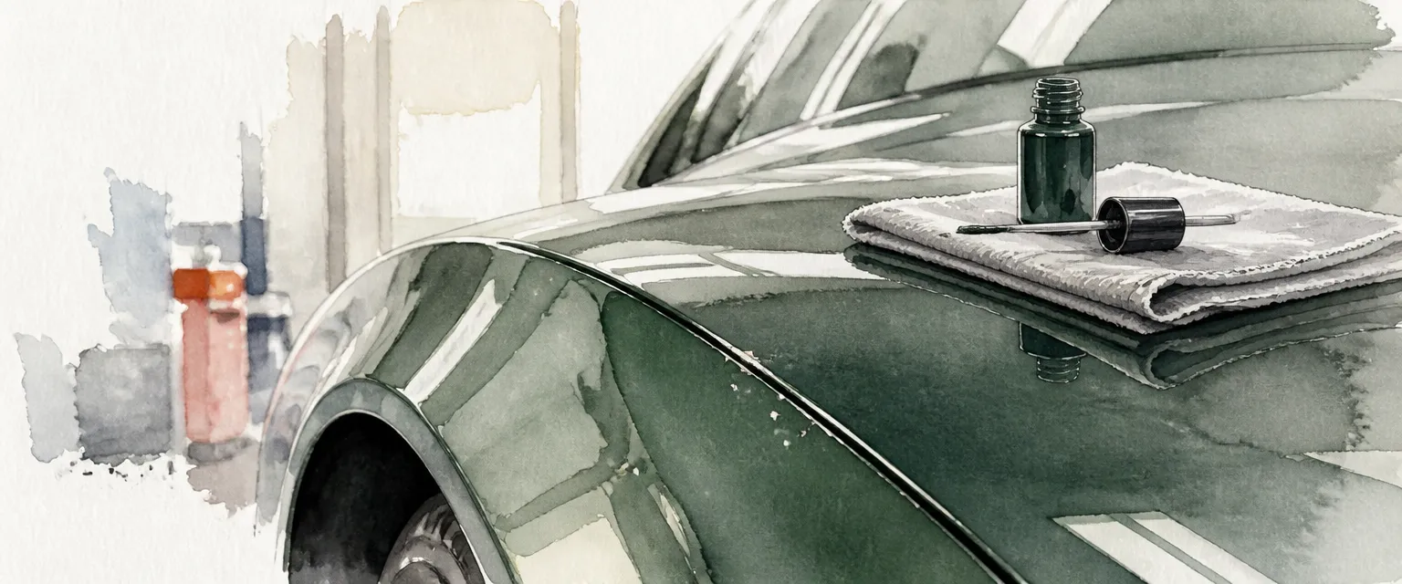 Watercolour close-up of stone chips on a car wing beside a small touch-up paint bottle.