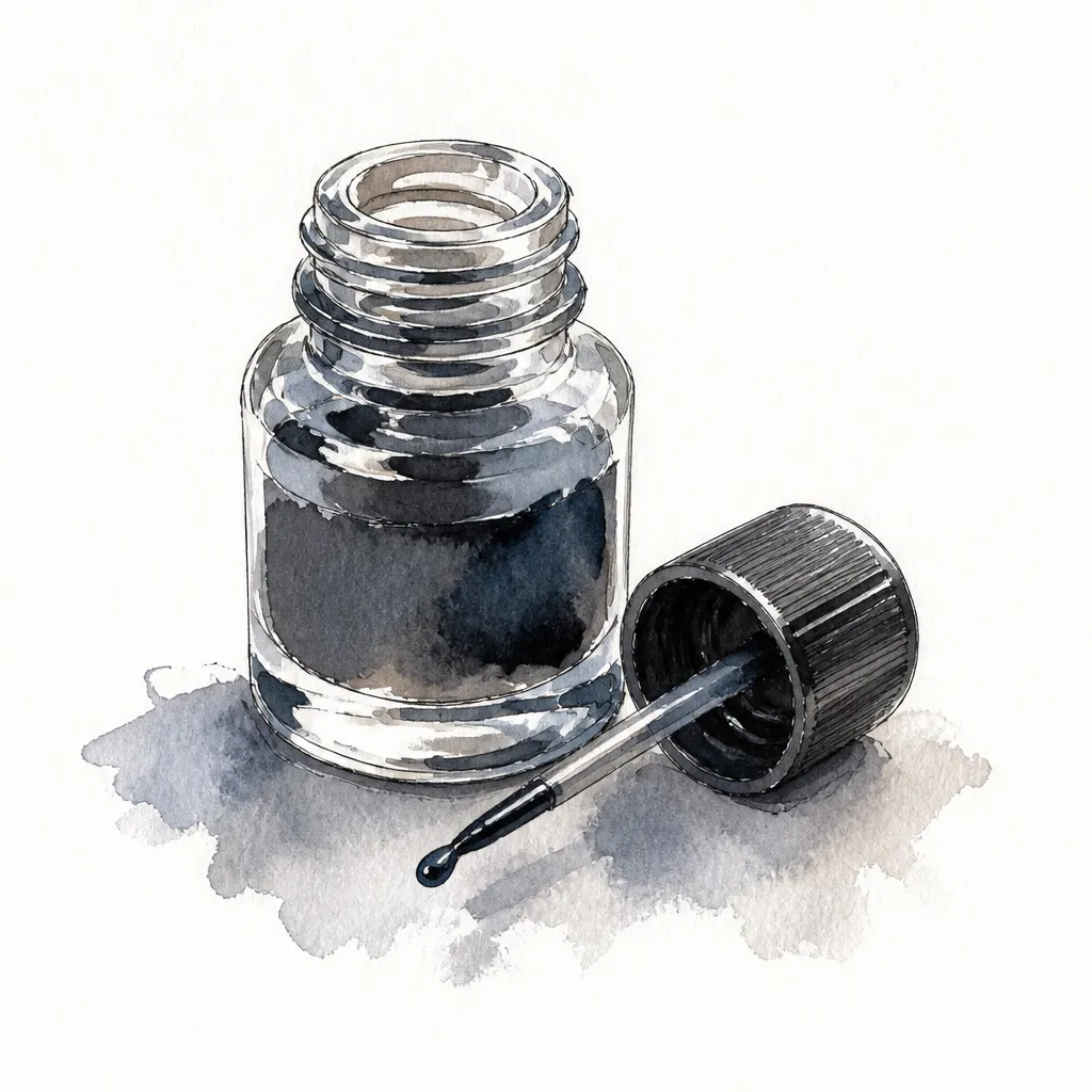 Watercolour close-up of a touch-up paint bottle with its brush cap beside it.