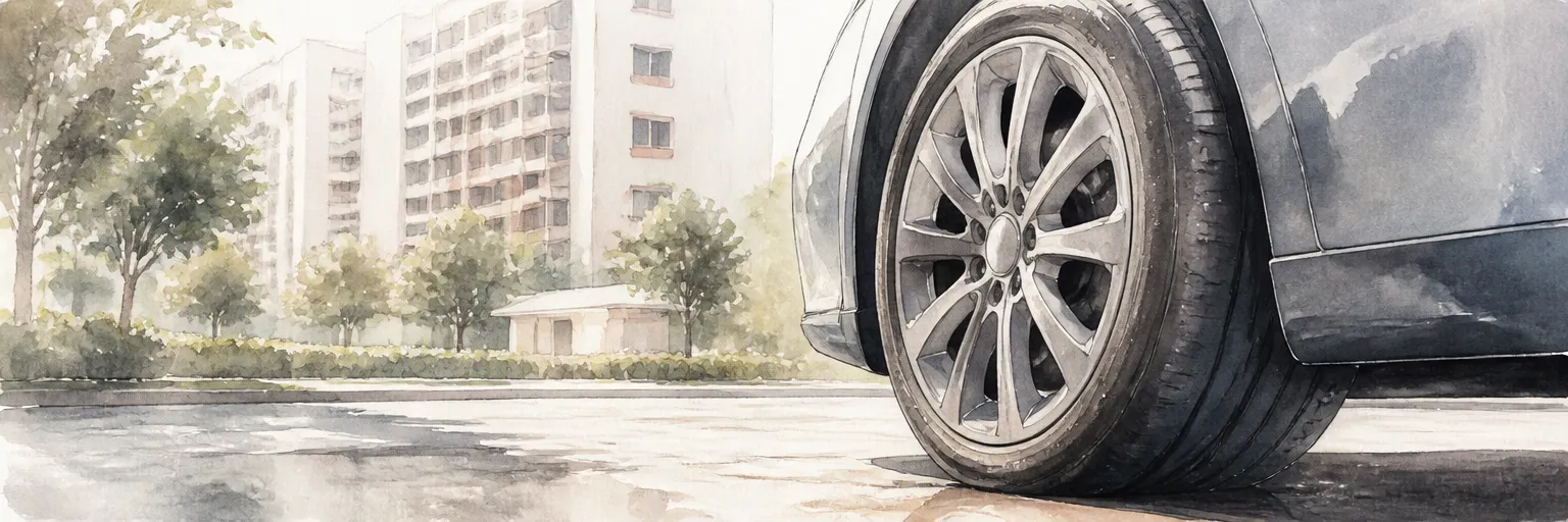 Watercolour illustration of a parked car's wheel and tyre in morning light outside HDB blocks.