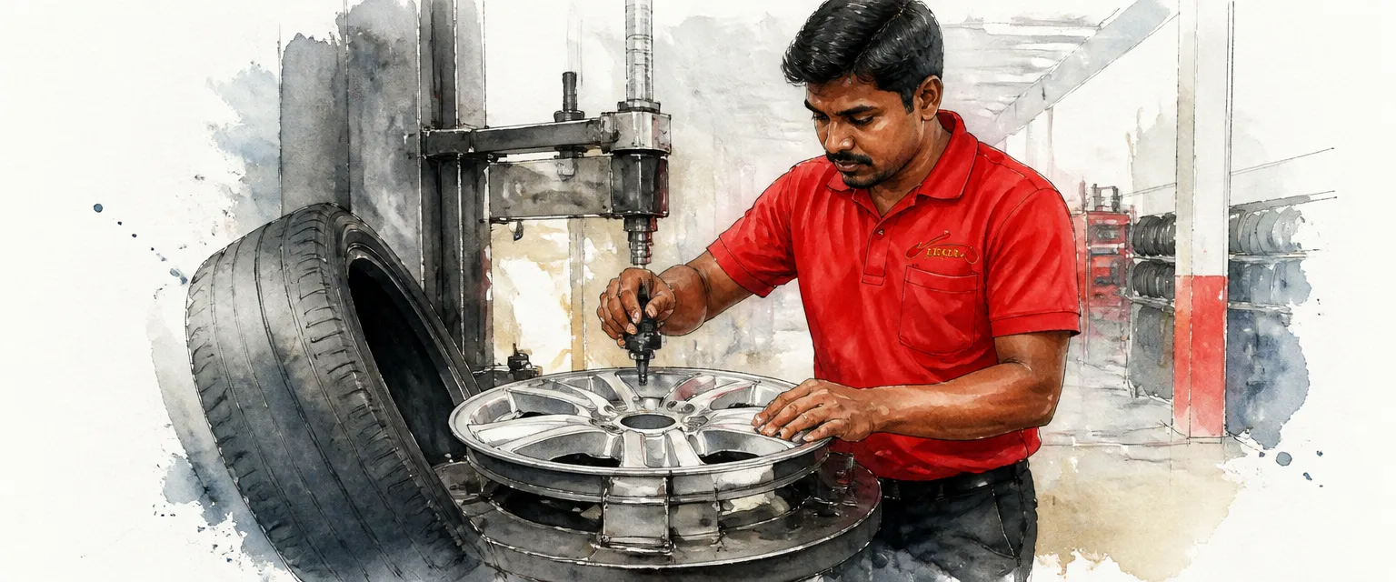 Watercolour illustration of a technician fitting a tyre pressure sensor inside a wheel on a tyre machine.