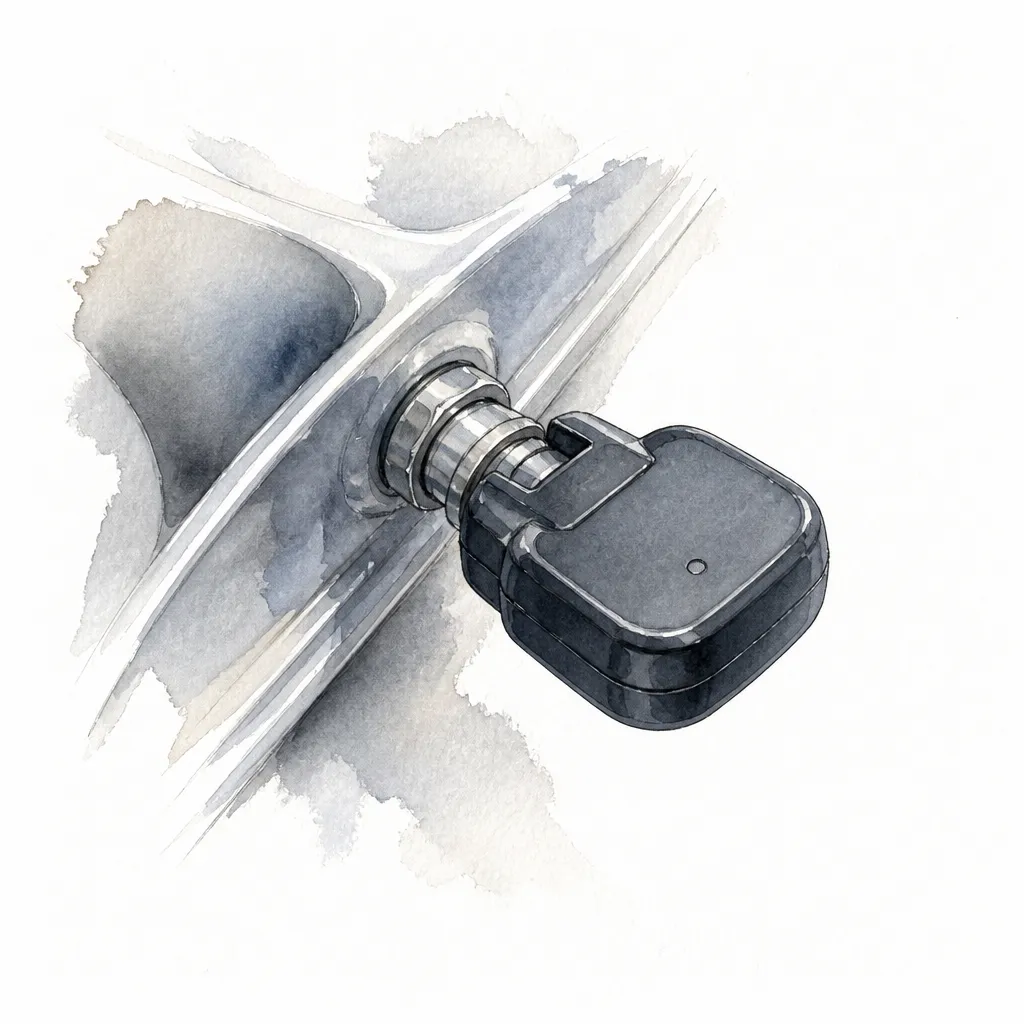 Watercolour close-up of a tyre pressure sensor on its valve stem.
