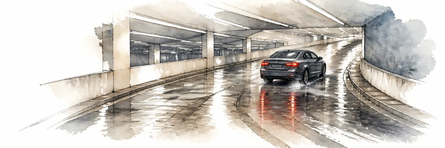 Watercolour illustration of a car climbing the wet ramp of a multi-storey car park.