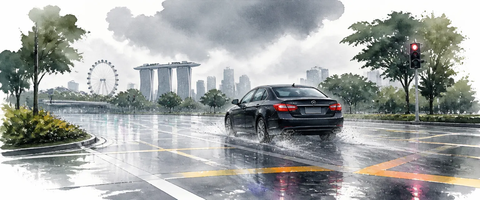 Watercolour illustration of a dark saloon crossing a rain-soaked Singapore junction with spray lifting from its tyres.
