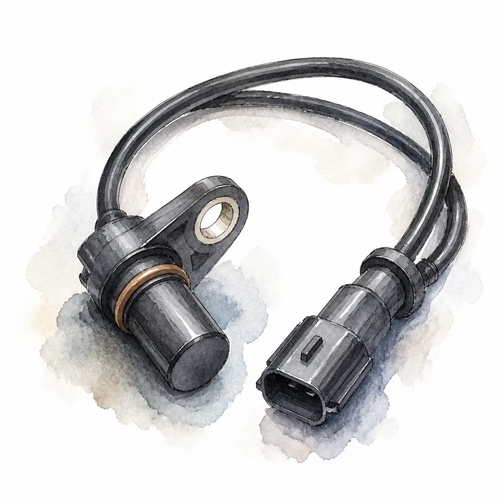 Watercolour close-up of a wheel speed sensor with its looped cable.