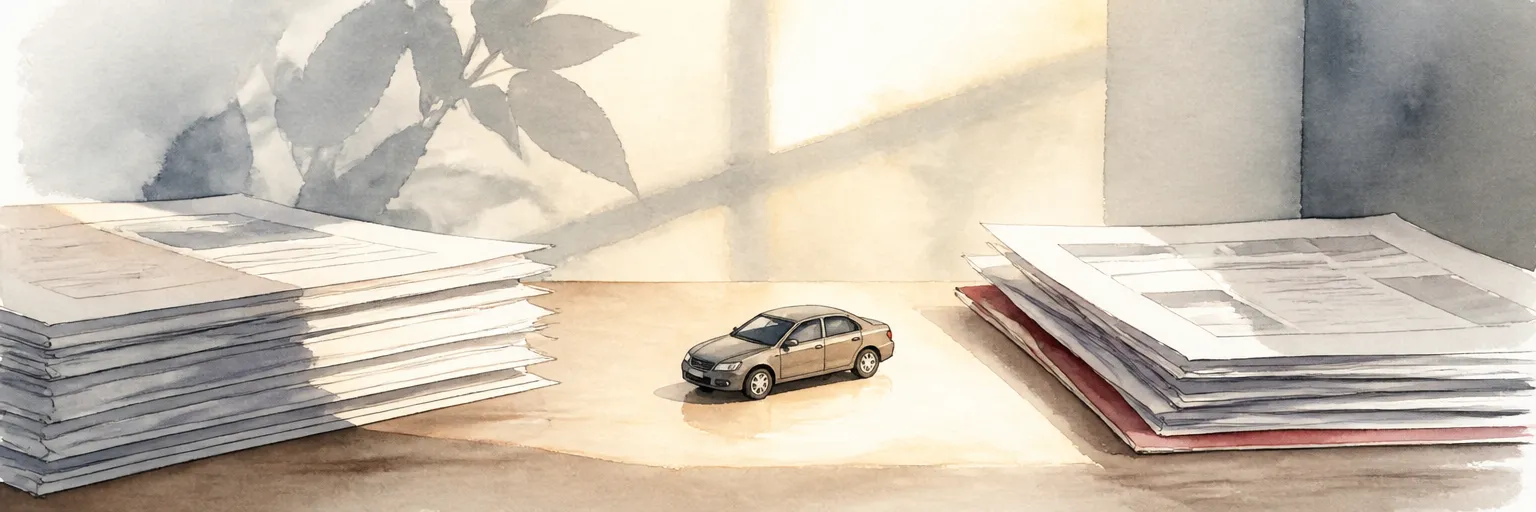 Watercolour illustration of a toy car on a desk between two stacks of abstract paperwork.