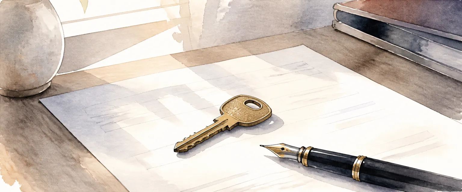 Watercolour illustration of a brass car key resting on an abstract document beside a fountain pen.