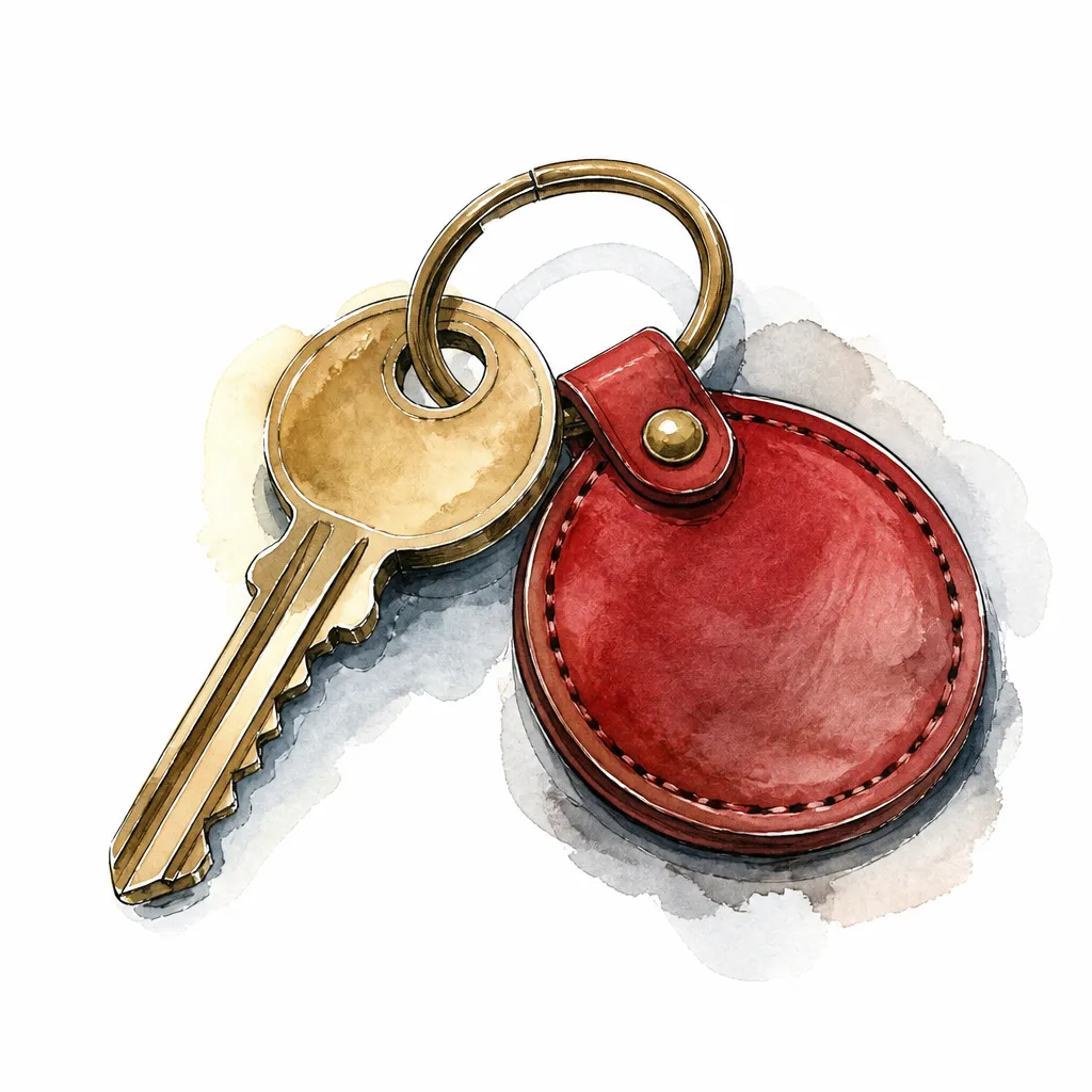 Watercolour close-up of a brass car key with a round leather fob.