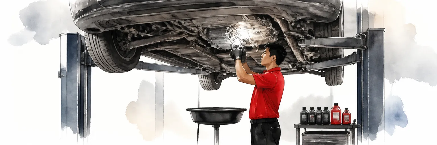 Watercolour illustration of a gearbox on a lifted car with a drain pan and fresh fluid staged nearby.