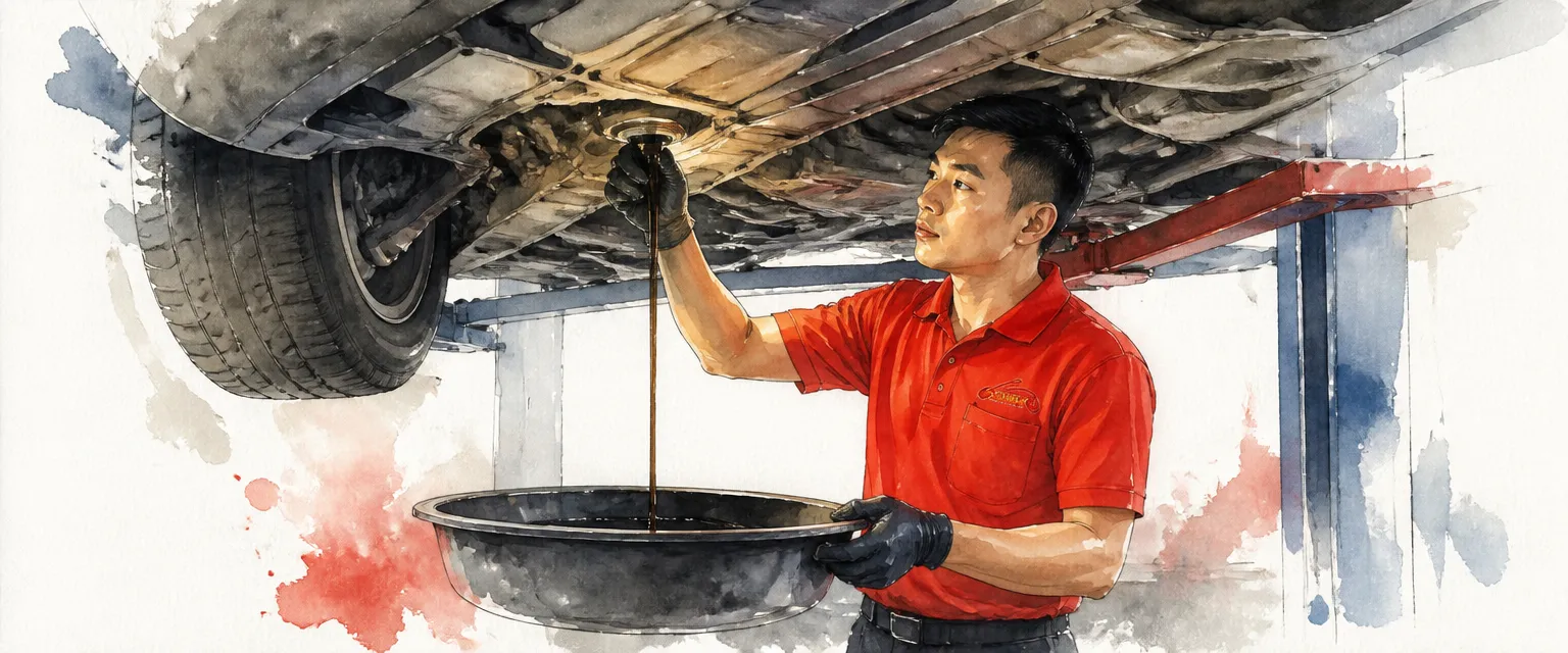 Watercolour illustration of a technician draining transmission fluid from a gearbox under a raised car.