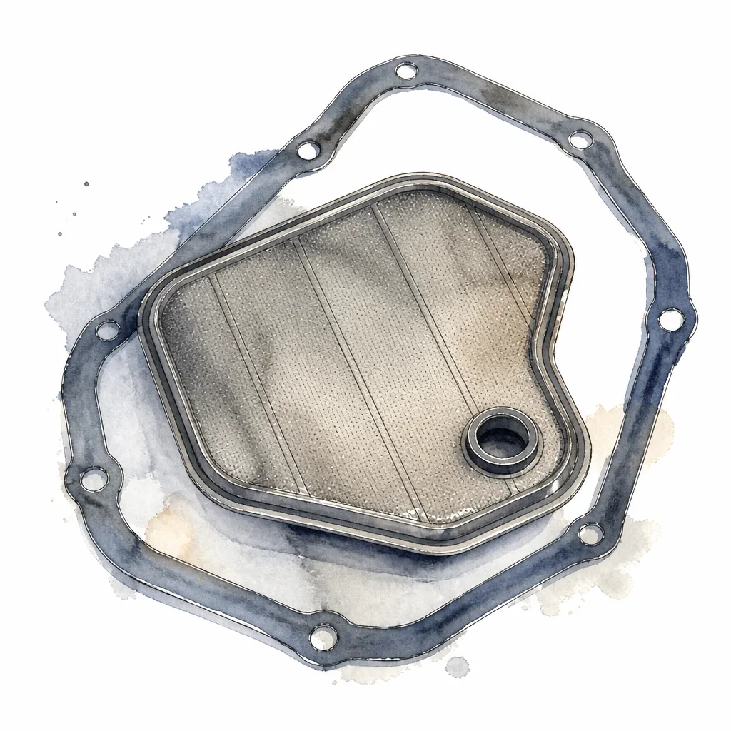 Watercolour close-up of a flat transmission filter with its gasket.
