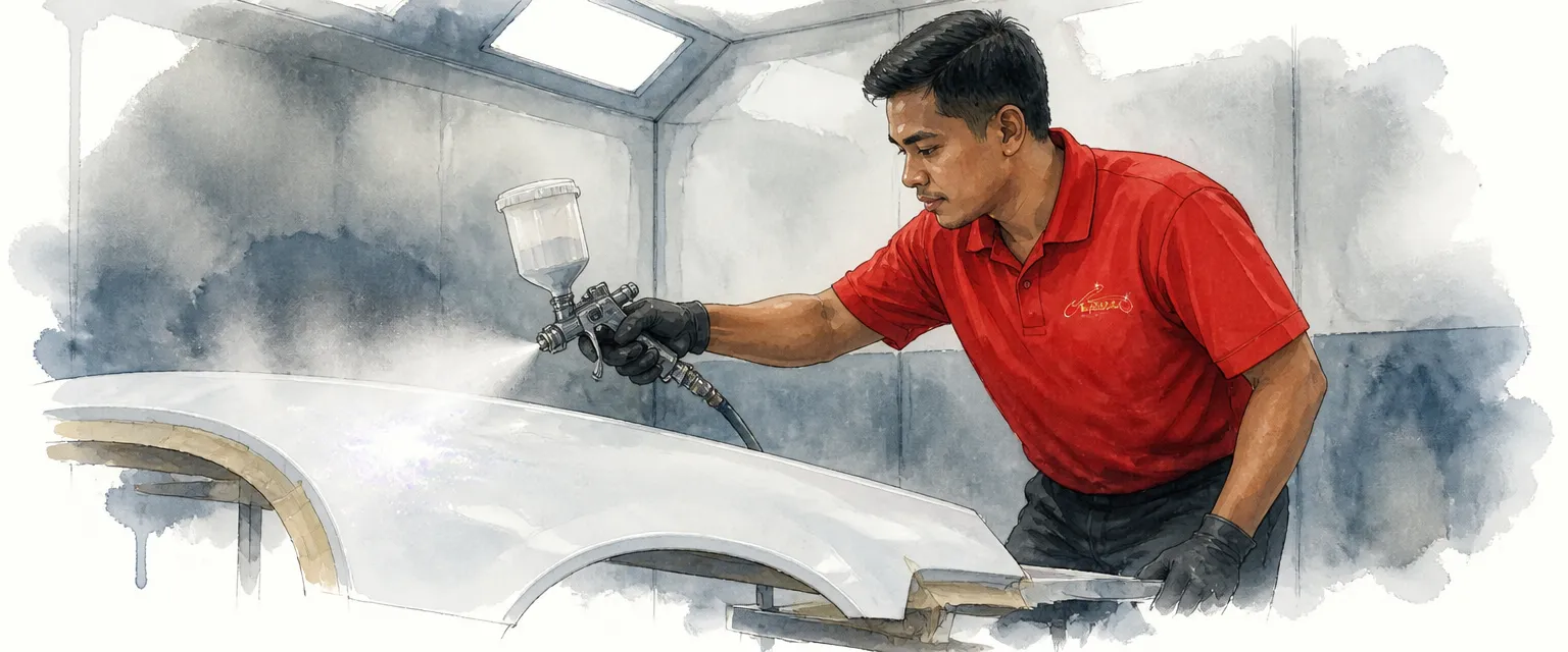 Watercolour illustration of a technician spraying an iridescent pearl mid coat onto a white wing panel in a booth.