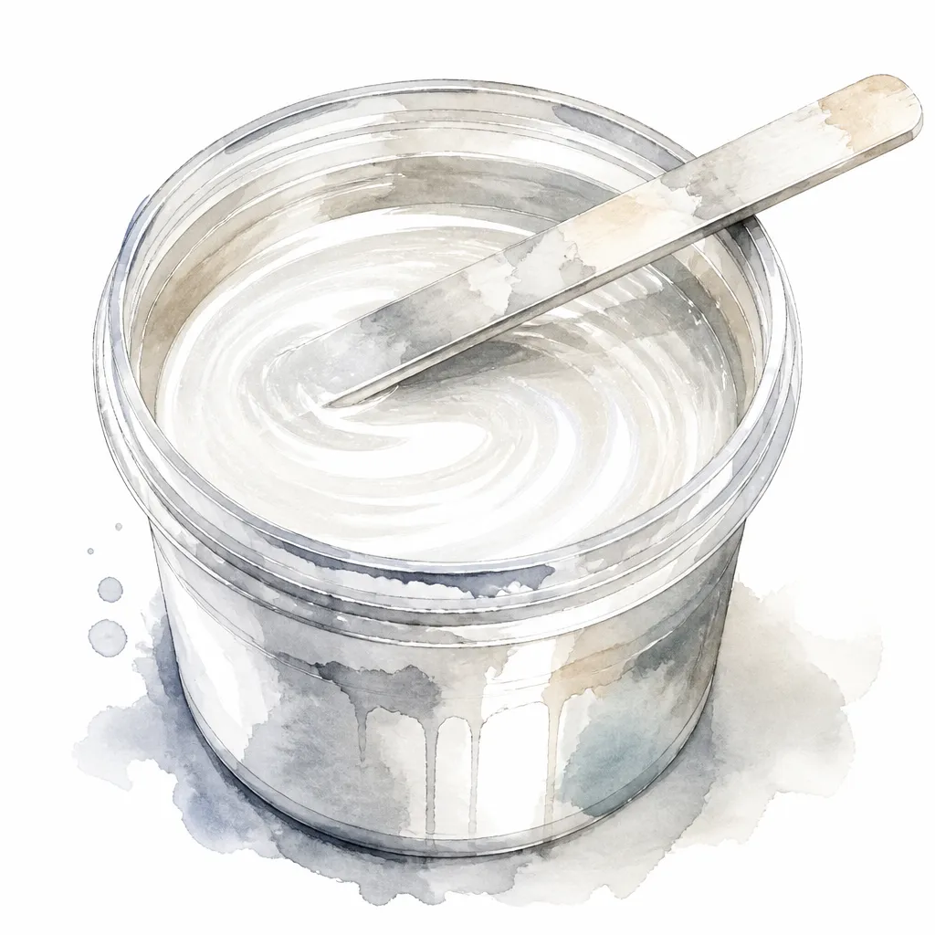 Watercolour close-up of a mixing cup of pearl white paint with a stirring stick.