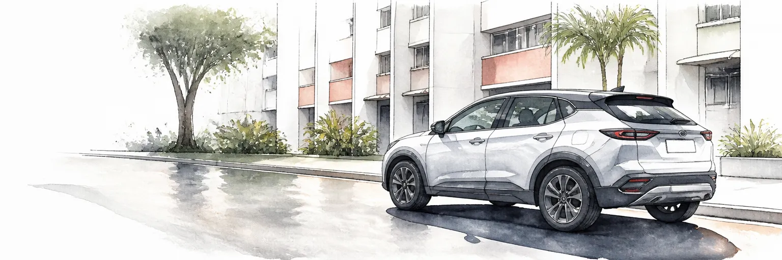 Watercolour illustration of a parked car with deep black trim under glaring tropical sun beside HDB blocks.