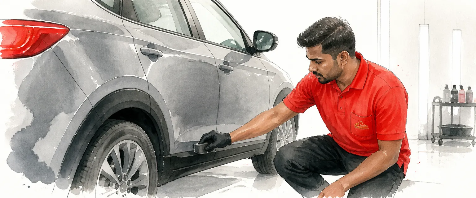 Watercolour illustration of a technician applying trim coating along the black cladding of an SUV.