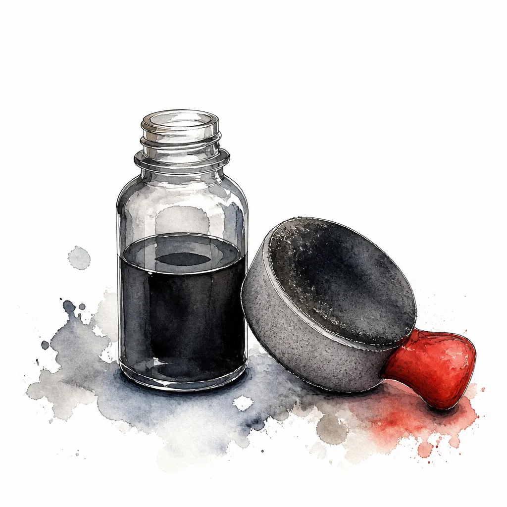 Watercolour close-up of a trim coating bottle beside a blackened foam applicator.