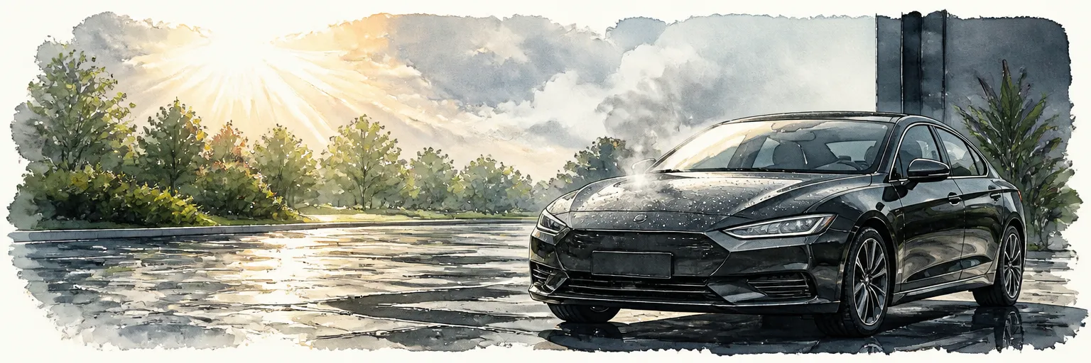 Watercolour illustration of steam rising off a car bonnet as sun breaks out after a downpour.