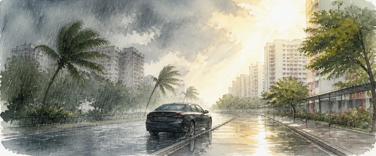 Watercolour illustration of a Singapore street where tropical rain gives way to hard sun over a parked car.