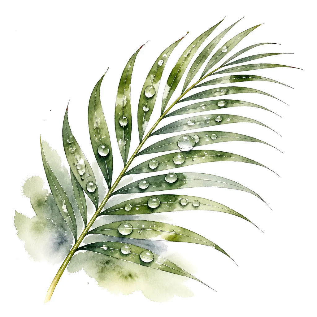 Watercolour close-up of a green palm frond scattered with water droplets.