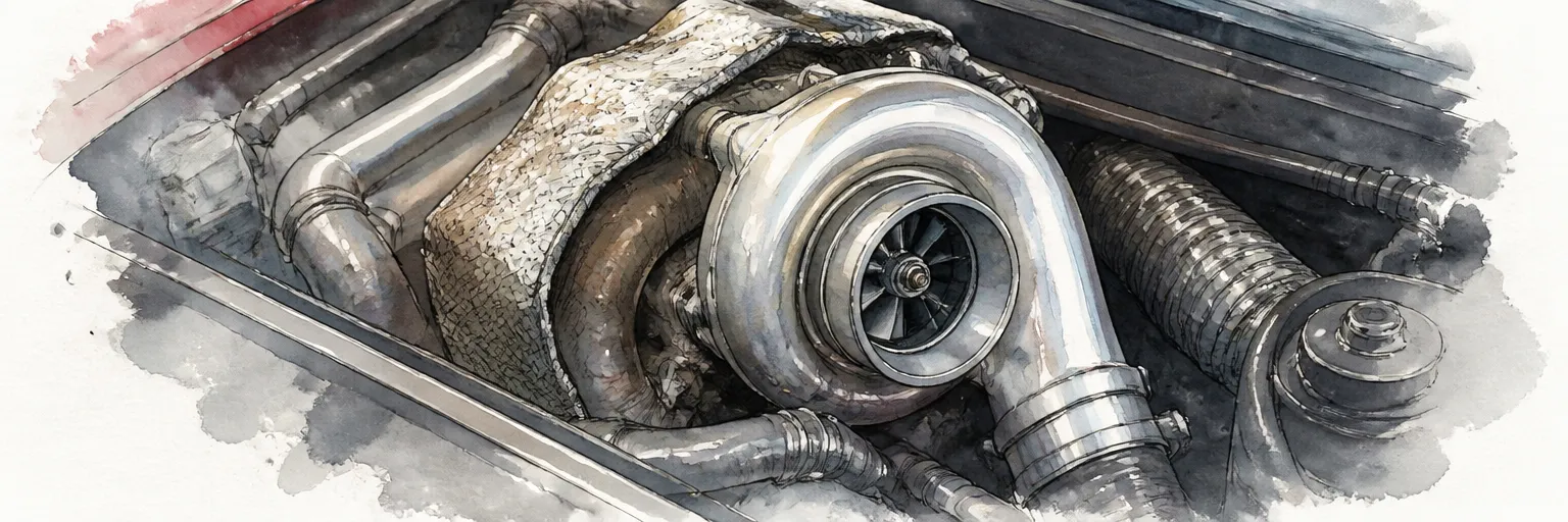 Watercolour close-up of a turbocharger's spiral housing nestled among engine pipework.