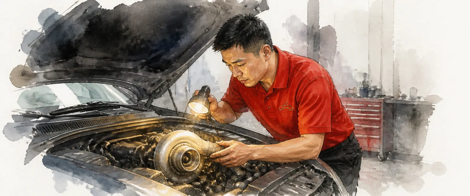 Watercolour illustration of a technician inspecting a turbocharger in the engine bay of a dark car.