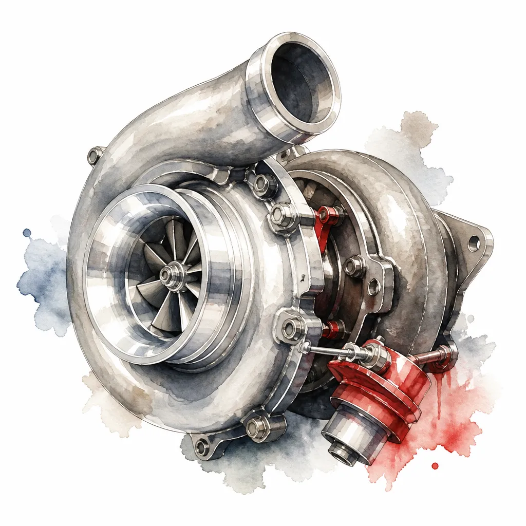 Watercolour close-up of a turbocharger showing its finned compressor wheel.