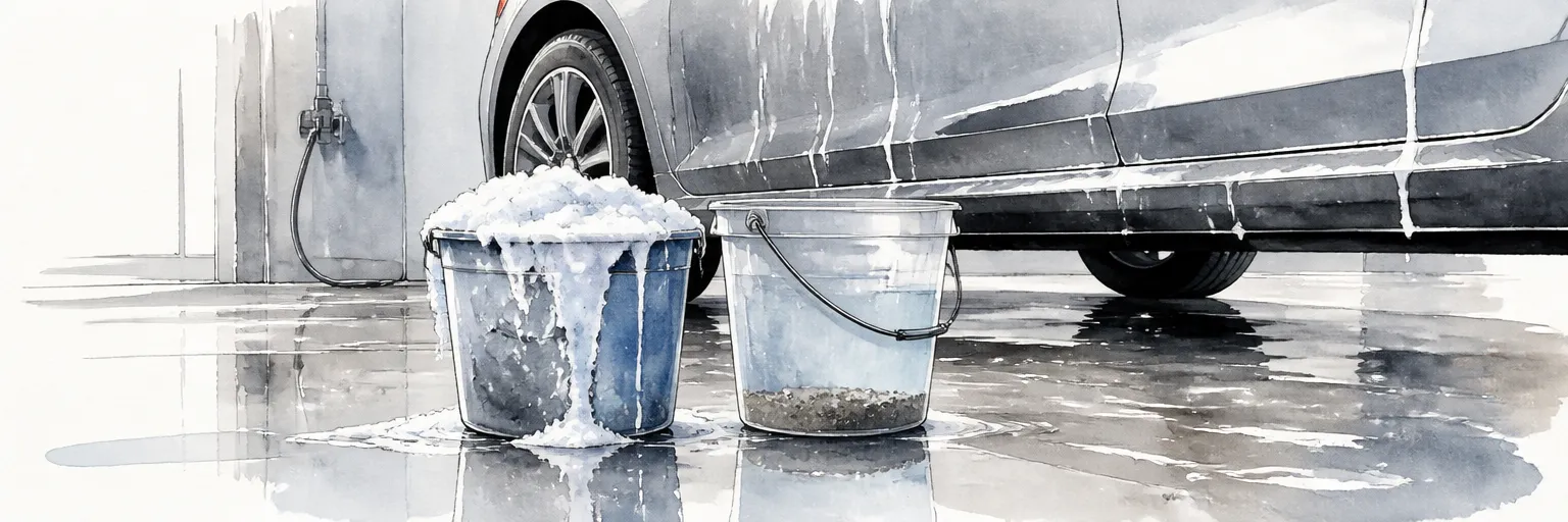 Watercolour illustration of a suds bucket beside a rinse bucket with grit settled at its base.